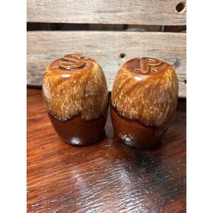 Vintage Salt Pepper Shakers Brown Drip Glaze Ceramic Rustic Cabin Core